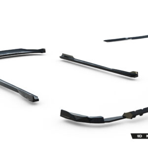 Several curved black automotive body parts suspended in a white studio backdrop, with Maxton Design branding visible at the bottom right.