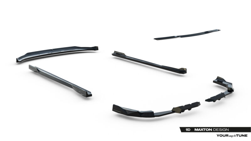 Several curved black automotive body parts suspended in a white studio backdrop, with Maxton Design branding visible at the bottom right.