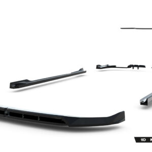 Disassembled front bumper lip kit pieces floating on a white background, branded Maxton Design.