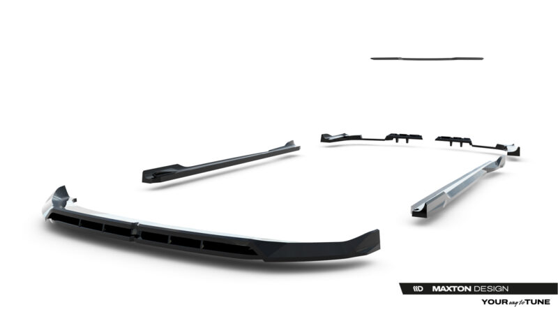 Disassembled front bumper lip kit pieces floating on a white background, branded Maxton Design.