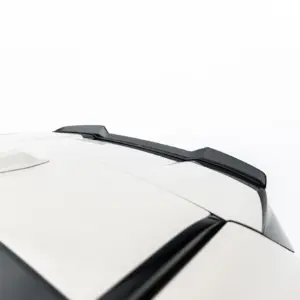Close-up of a white car roof showing black roof rails and a small spoiler against a light background.