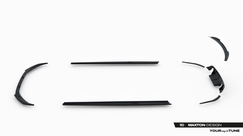 Disassembled black car trim pieces arranged in a rough circle on a white background, including long central rails and curved fender segments.