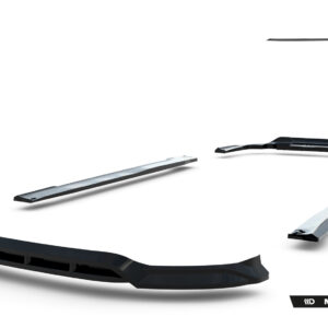 Disassembled black car aero parts laid out on a white studio background with Maxton Design branding in the corner