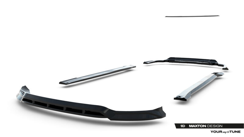 Disassembled black car aero parts laid out on a white studio background with Maxton Design branding in the corner