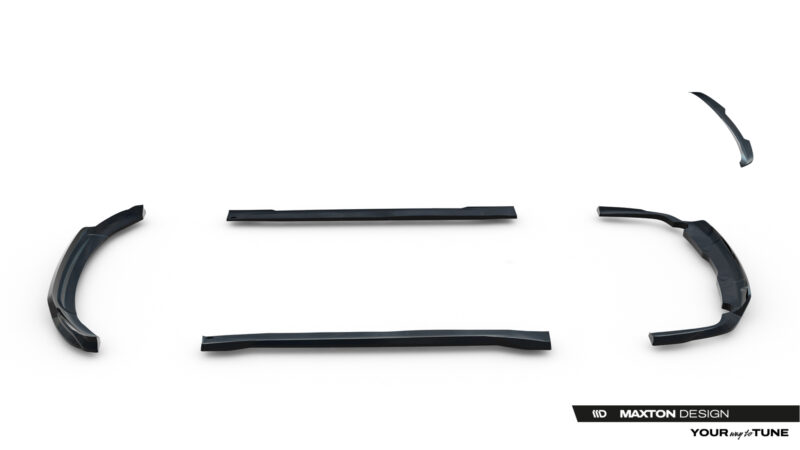 Set of black curved car trim pieces laid out on a white background, with a Maxton Design logo visible in the bottom right.