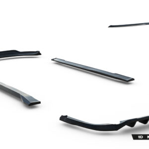 Collection of black automotive aero parts (side skirts and splitters) laid out on a white studio backdrop, showcasing a body kit lineup.