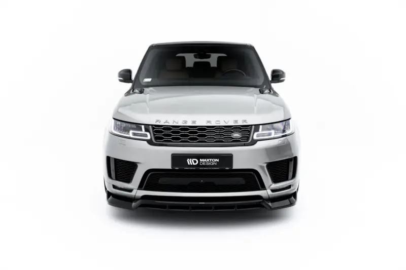 pol_po_Set-of-Splitters-Land-Rover-Range-Rover-Sport-Mk2-Facelift-23834_15webp - OPSHOLDERS Front view of a silver Range Rover with prominent grille and LED headlights, facing forward against a white background.