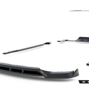Exploded view of a car bumper kit with individual front bumper pieces spread across a white studio backdrop, Maxton Design branding visible.