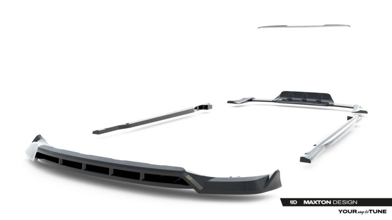 pol_po_Set-of-Splitters-Land-Rover-Range-Rover-Sport-Mk2-Facelift-23834_18jpg - OPSHOLDERS Exploded view of a car bumper kit with individual front bumper pieces spread across a white studio backdrop, Maxton Design branding visible.