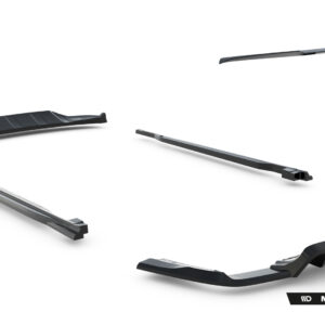 Set of black automotive aerodynamic body kit parts laid out on a white background, labeled Maxton Design and Your Tune to Improve performance and style.