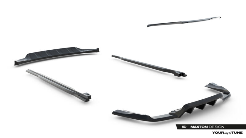 pol_po_Set-of-Splitters-Land-Rover-Range-Rover-Sport-Mk2-Facelift-23834_19jpg - OPSHOLDERS Set of black automotive aerodynamic body kit parts laid out on a white background, labeled Maxton Design and Your Tune to Improve performance and style.