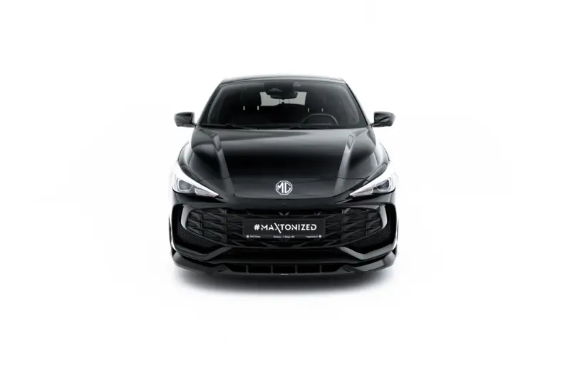 Front view of a black MG SUV with a mesh grille and '#MAXTONIZED' license plate.