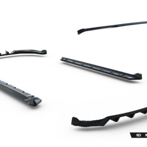 Five black automotive trim pieces floating on a white background, showing ridged/angled exterior components for vehicle body; Maxton Design branding visible.