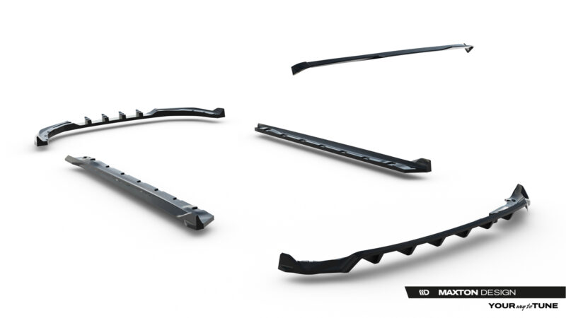 Five black automotive trim pieces floating on a white background, showing ridged/angled exterior components for vehicle body; Maxton Design branding visible.