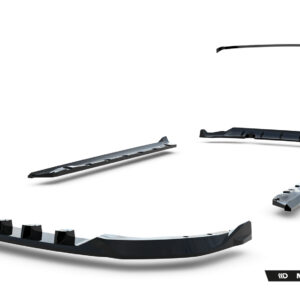 Exploded view of a Maxton Design car body kit components floating on a white background, showing multiple curved, vented bumper pieces separated from the main body.