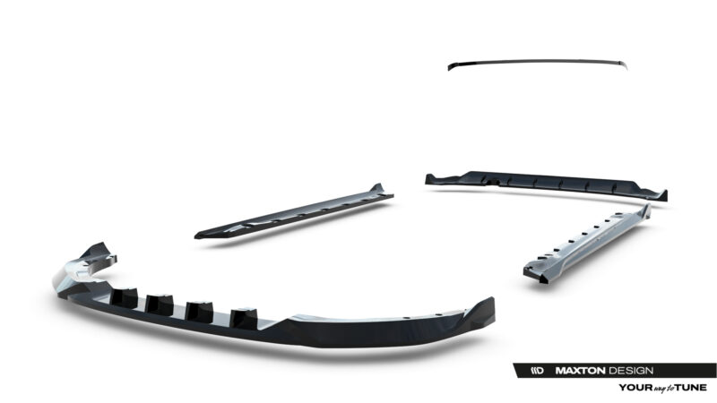 Exploded view of a Maxton Design car body kit components floating on a white background, showing multiple curved, vented bumper pieces separated from the main body.