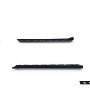 Set of black automotive body kit trim pieces laid out on a white background, with Maxton Design branding visible in the corner.
