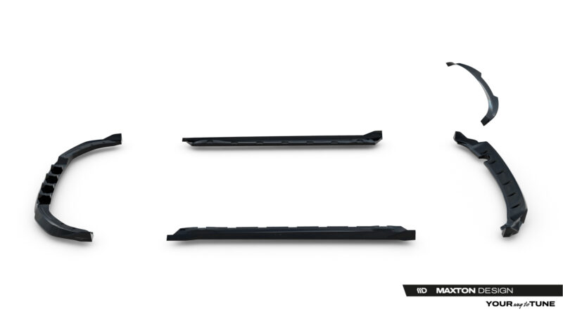 Set of black automotive body kit trim pieces laid out on a white background, with Maxton Design branding visible in the corner.