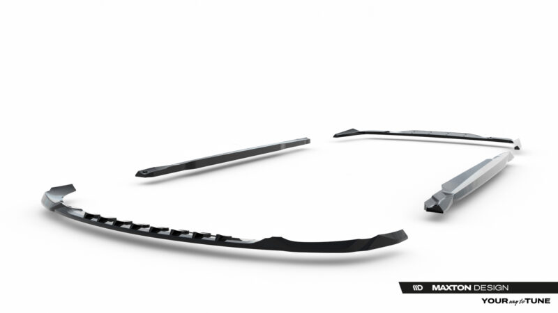 pol_po_Set-of-Splitters-Mercedes-AMG-C63-Sedan-Estate-W206-S206-23828_15jpg - OPSHOLDERS Disassembled car body kit parts laid out on a white background, black and gray pieces scattered with Maxton Design branding