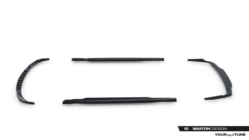 pol_po_Set-of-Splitters-Mercedes-AMG-C63-Sedan-Estate-W206-S206-23828_16jpg - OPSHOLDERS Set of black car aero parts arranged in a rough circle on a white background with Maxton Design branding in the corner.