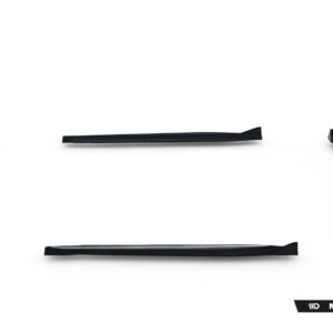 Disassembled glossy black car body parts arranged in a loose arc on a white background, with a Maxton Design logo visible in the bottom right.