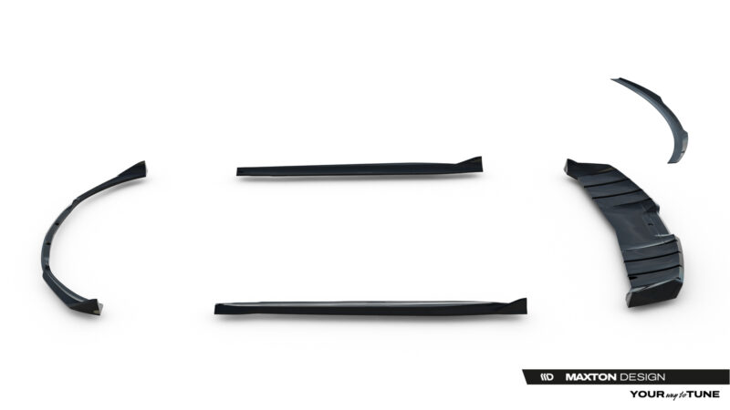 pol_po_Set-of-Splitters-Mercedes-AMG-GT-R-C190-Facelift-23894_10jpg - OPSHOLDERS Disassembled glossy black car body parts arranged in a loose arc on a white background, with a Maxton Design logo visible in the bottom right.