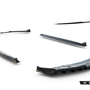 Floating automotive spoiler components on a white background, showing various curved blade pieces and a main spoiler with glossy black/grey finish. Includes the 'MAXTON DESIGN' logo in the bottom right.