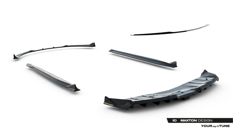 pol_po_Set-of-Splitters-Mercedes-AMG-GT-R-C190-Facelift-23894_11jpg - OPSHOLDERS Floating automotive spoiler components on a white background, showing various curved blade pieces and a main spoiler with glossy black/grey finish. Includes the 'MAXTON DESIGN' logo in the bottom right.