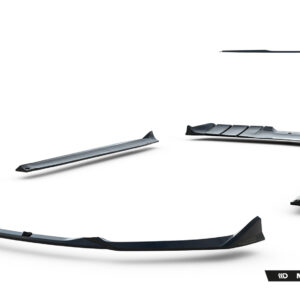 Abstract image showing scattered glossy black and silver car body parts or aero components laid on a white background, with Maxton Design branding in the lower right corner.