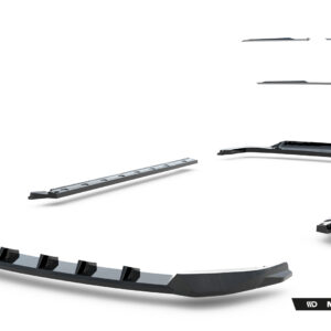 Disassembled car body kit components laid out on a white background, including a front lip, side skirts, and diffuser parts with Maxton Design branding on the bottom right.