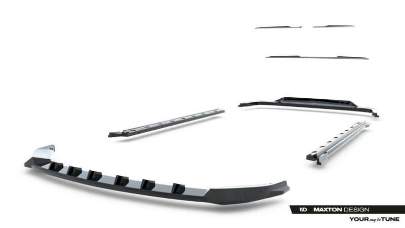 Disassembled car body kit components laid out on a white background, including a front lip, side skirts, and diffuser parts with Maxton Design branding on the bottom right.