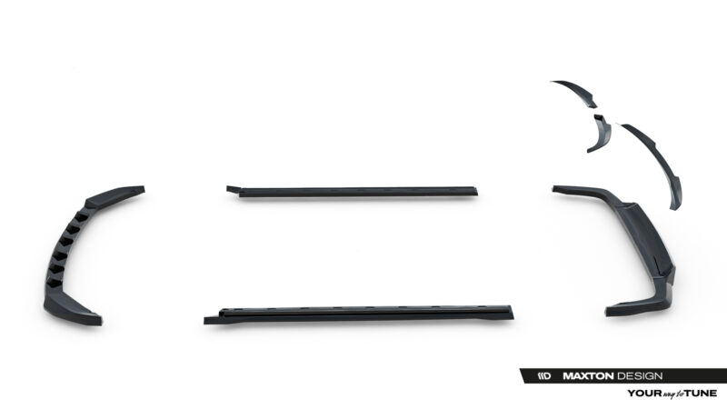 Disassembled black Maxton Design car body kit pieces laid out on a white background (side skirts, center underspoiler bars, and curved sections).