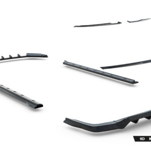 Assorted dark gray car aero parts (splitters/side skirts) laid out on a white background with Maxton Design branding in the corner.