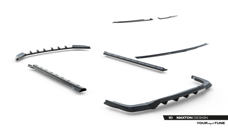 Assorted dark gray car aero parts (splitters/side skirts) laid out on a white background with Maxton Design branding in the corner.
