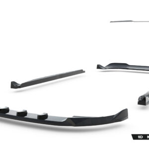 Exploded view of glossy black car bumper components floating in white space, with Maxton Design branding bottom-right.