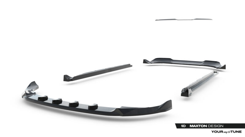 Exploded view of glossy black car bumper components floating in white space, with Maxton Design branding bottom-right.
