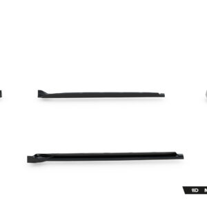 Exploded view of black Maxton Design car body kit parts laid out on a white background, including curved side skirts and long center trims.