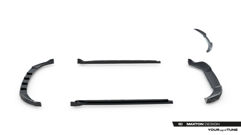 Exploded view of black Maxton Design car body kit parts laid out on a white background, including curved side skirts and long center trims.