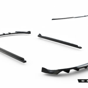 Curved black aerodynamic car parts arranged on a white background, Maxton Design logo in the bottom right corner