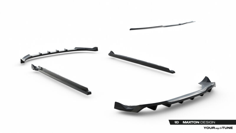 Curved black aerodynamic car parts arranged on a white background, Maxton Design logo in the bottom right corner