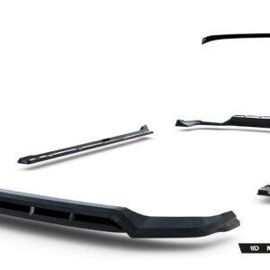 Disassembled black car aero parts floating on a white background, with Maxton Design branding in the bottom-right.