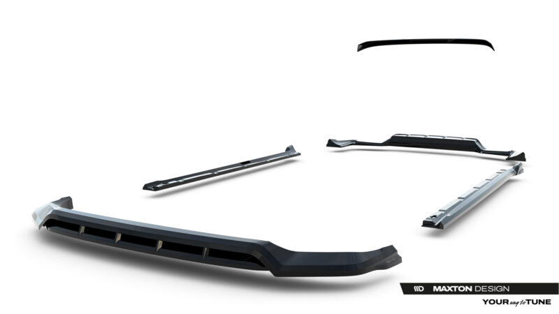 pol_po_Set-of-Splitters-Porsche-Cayenne-SUV-Mk3-Facelift-23886_18jpg - OPSHOLDERS Disassembled black car aero parts floating on a white background, with Maxton Design branding in the bottom-right.