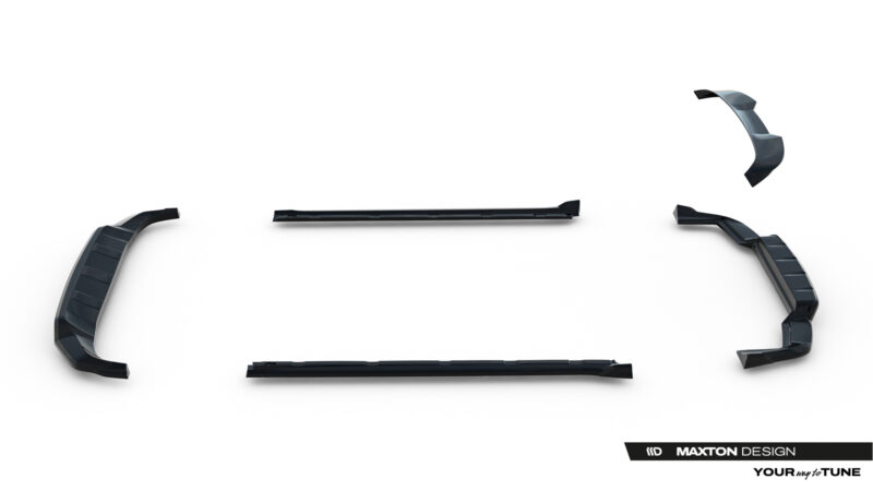 pol_po_Set-of-Splitters-Porsche-Cayenne-SUV-Mk3-Facelift-23886_19jpg - OPSHOLDERS Set of black curved automotive trim pieces laid out on a white background with Maxton Design branding in the corner, likely exterior car body parts.