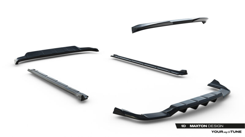 pol_po_Set-of-Splitters-Porsche-Cayenne-SUV-Mk3-Facelift-23886_20jpg - OPSHOLDERS Set of dark gray car bumper trims and aero panels floating against a white background, with Maxton Design watermark at bottom-right.