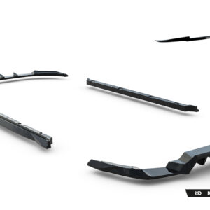 Several black automotive aerodynamic components laid out on a white background, including splitters and side skirts, with Maxton Design branding visible in the corner.