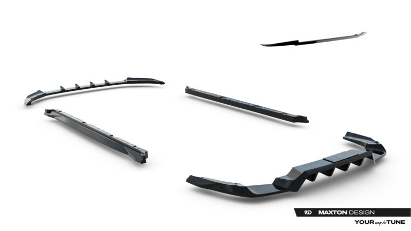 Several black automotive aerodynamic components laid out on a white background, including splitters and side skirts, with Maxton Design branding visible in the corner.
