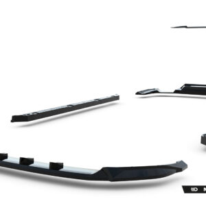 Collage of black and silver automotive body kit parts (front lip and side skirts) laid out on a white background, with Maxton Design branding.