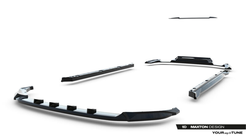 Collage of black and silver automotive body kit parts (front lip and side skirts) laid out on a white background, with Maxton Design branding.