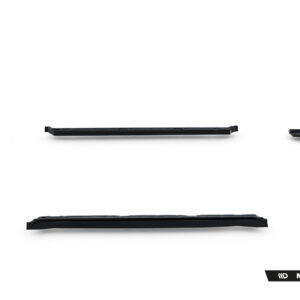 Disassembled black automotive trim pieces arranged in a wide arc on a white background, with Maxton Design logo bottom right.