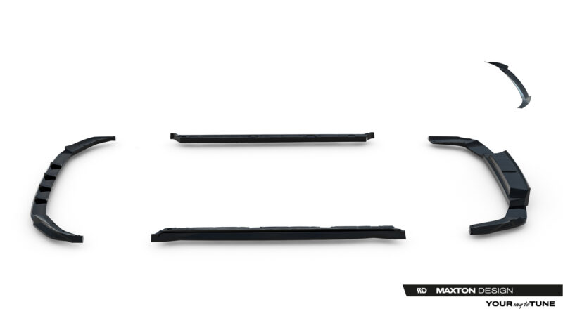 Disassembled black automotive trim pieces arranged in a wide arc on a white background, with Maxton Design logo bottom right.